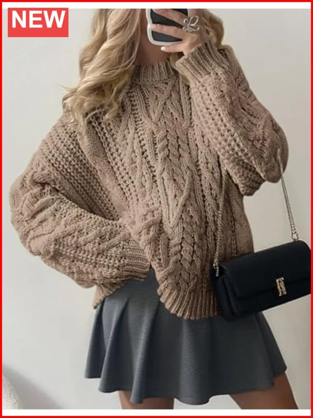 Oversized Chunky Cable Knit Crew Neck Pullover Sweater
